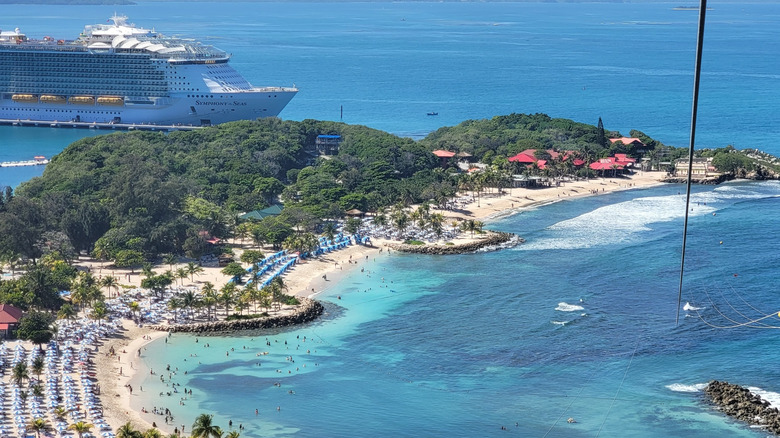 Aerial view of Labadee, Haiti with cruise ship visitors on the beach