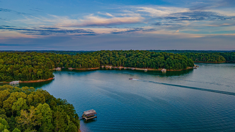 Aerial shot of Lake Lanier at sunset