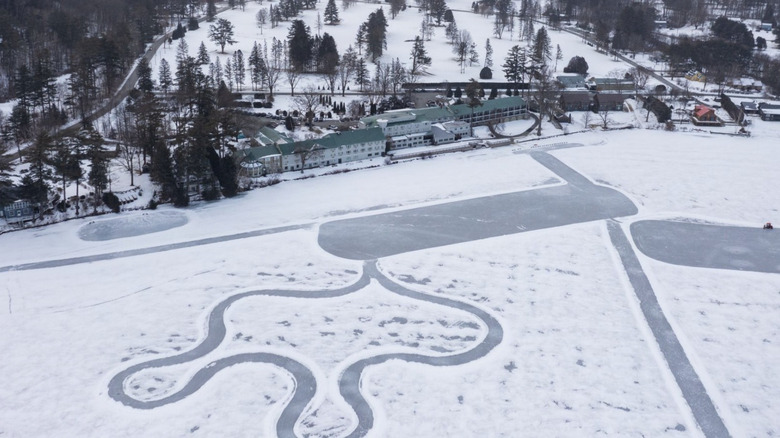 Lake Morey Resort frozen lake with smaller ice skating trials inside the larger Ice skating trail