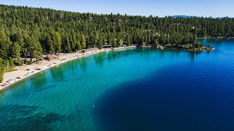 An aerial shot of Meeks Bay on Lake Tahoe.