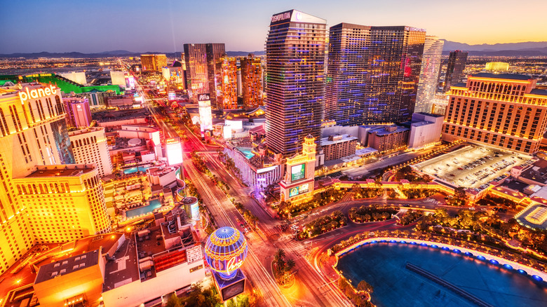 An aerial view of Las Vegas just after dusk