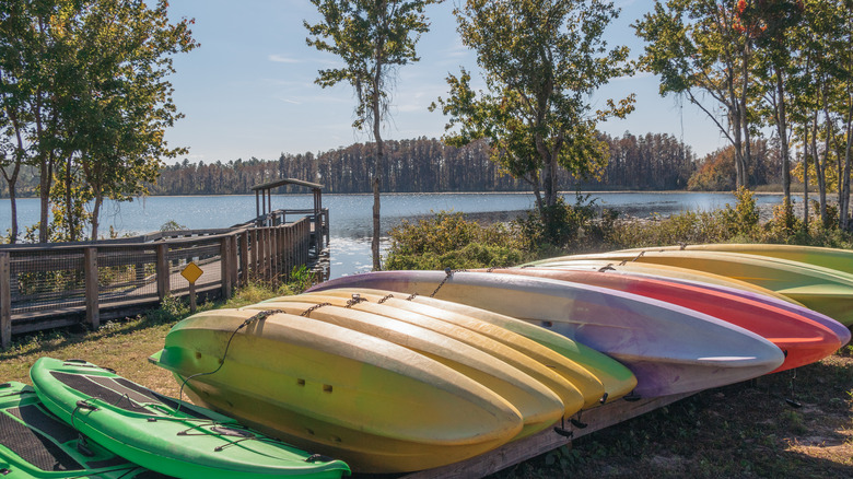 Lake with kayaks in front of it