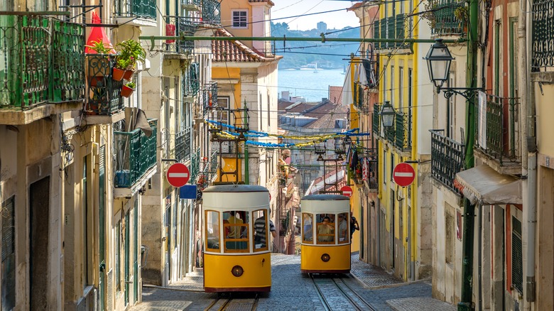 Gloria Funicular in the city center of Lisbon, Portugal.