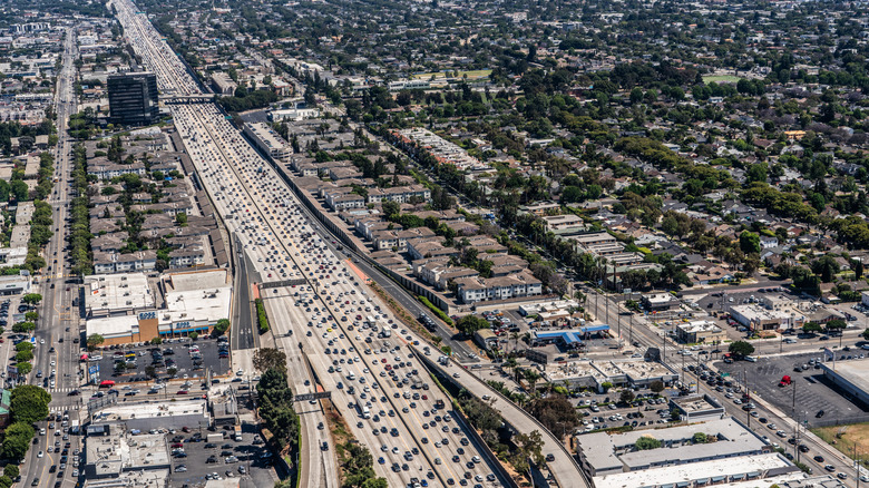 Aerial landscape view of Sepulveda Boulevard rush hour with traffic
