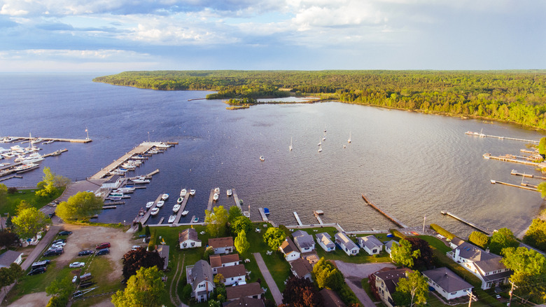 An aerial view of Fish Bay with Peninsula State Park in the background
