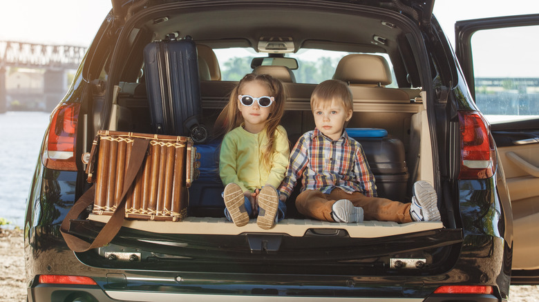 Two kids sitting in a car trunk