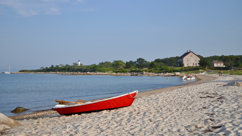 A rowboat rests on the sands of Naushon Island, Massachusetts