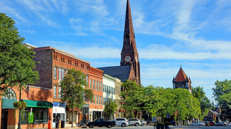First Churches of Northampton rises over a downtown street.