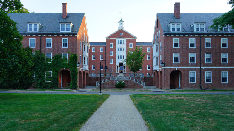 Brick buildings stand in the middle of Smith College campus, Massachusetts.