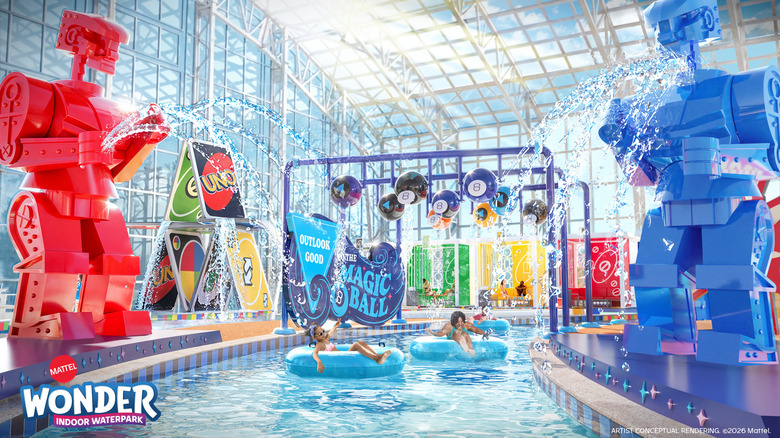 Concept art of water park with giant plastic robots, giant UNO cards, and magic 8 balls and kids floating down a lazy river