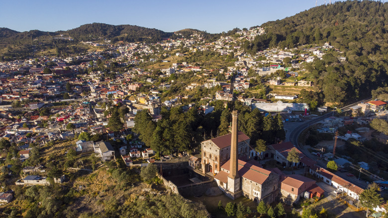 Drone shot of a silver mine and the town of Real del Monte