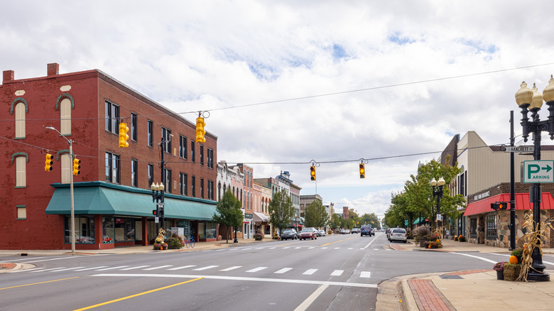 Historic buildings line Chicago Street in the Coldwater Downtown Historic District of Coldwater, Michigan