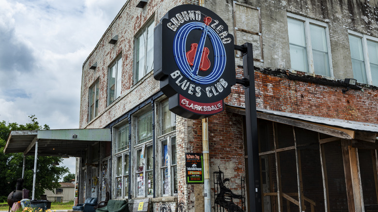 Ground Zero Blues Club sign, rustic building