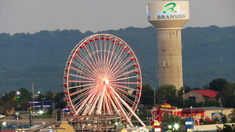 lit-up ferris wheel and water tower in the town of Branson, Missouri