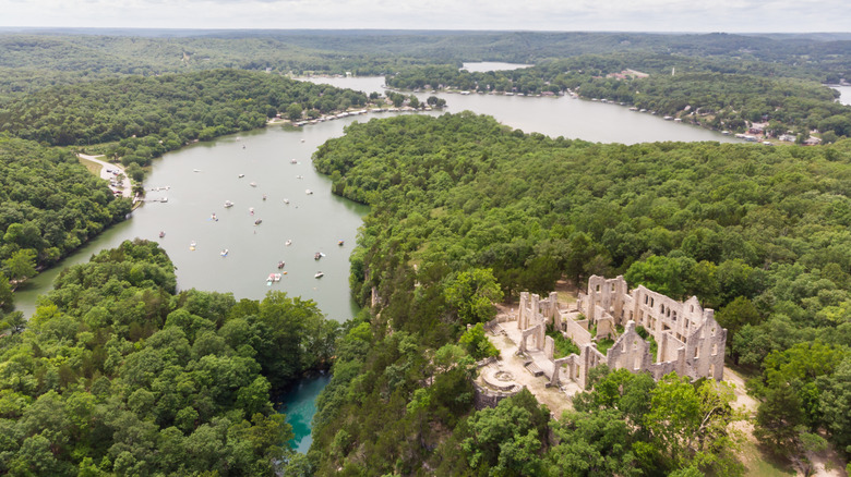 Aerial view at Ha Ha Tonka State Park, Lake of the Ozarks, and the ruins of a castle