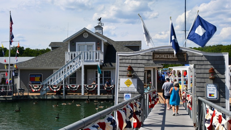 People walking toward State Park Marina on Table Rock Lake at Table Rock State Park in Branson, Missouri