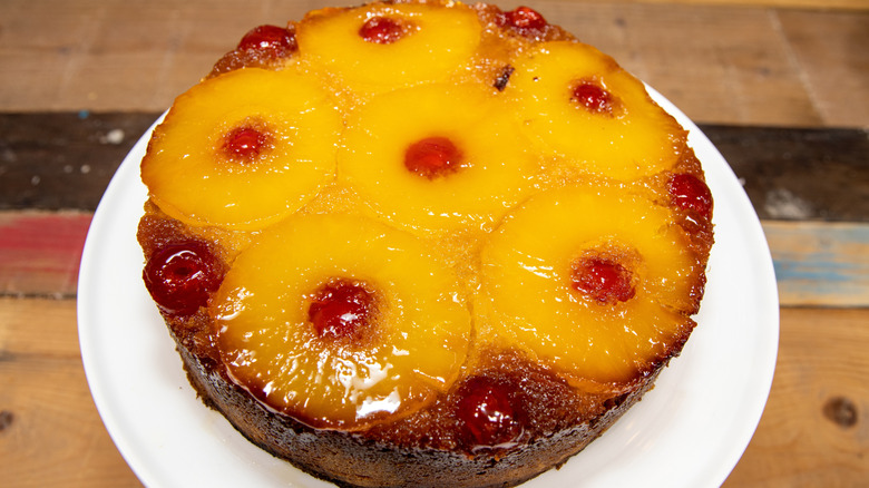 Pineapple upside down cake on a wooden table