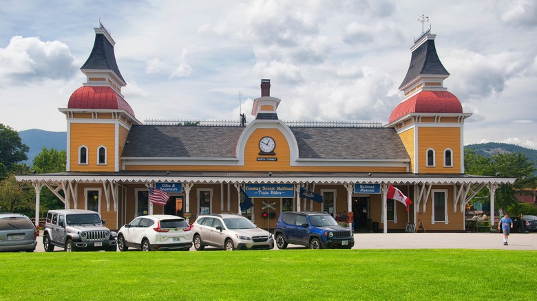 A front view of the Conway Scenic Railroad station in New Hampshire