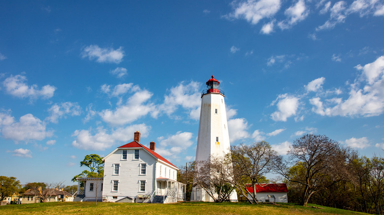 White and red Sandy Hook Lighthouse in New Jersey
