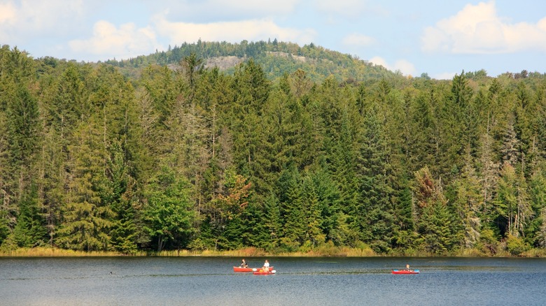 A view of kayakers on a lake in the Adirondack Mountains