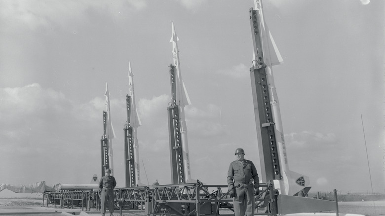 Black and white image of missiles at Fort Tilden with soldiers