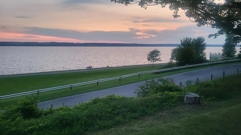 lake at sunset pink sky and green space and person sitting on bench