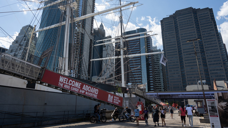 Wavertree ship Manhattan high-rises low-angle