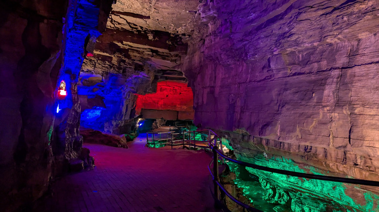 a lit path through in Howes Cave, Central New York