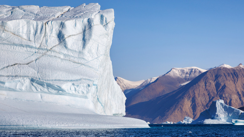 Kjerulf Fjord surrounded by water at Northeast Greenland National Park near an area known as the Iceberg Graveyard