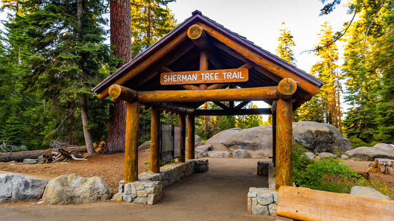 A wooden pavilion marking the entrance to Sherman Tree Trail in California's Sequoia National Park