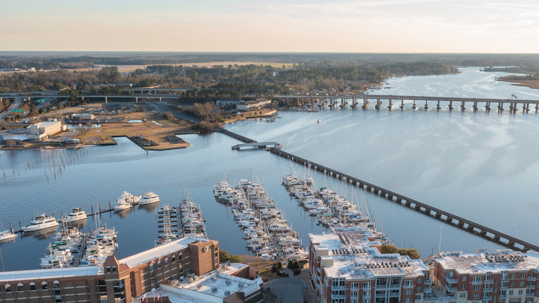 Aerial view of buildings and ships along the Trent River and Neuse River in New Bern, North Carolina