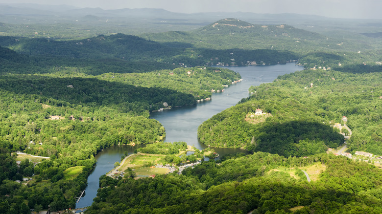 aerial view of Lake Lure, North Carolina surrounded by forested hills