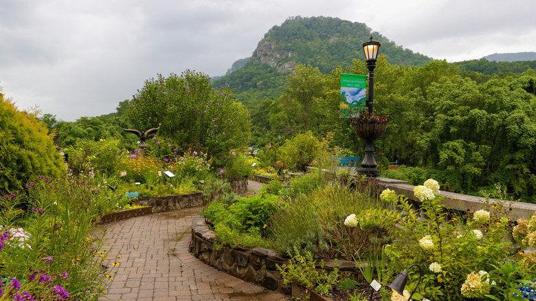 brick paths winding through flower garden in Lake Lure, North Carolina