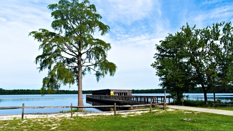 Boat house and paddle boats with water view at Jones Lake State Park
