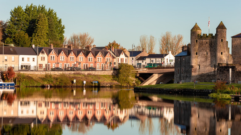 Houses and an old castle reflected on a river