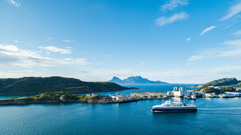aerial view of the bay with a ferry boat in bodø norway