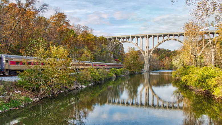 A train passes through Cuyahoga Valley along the Cuyahoga River.