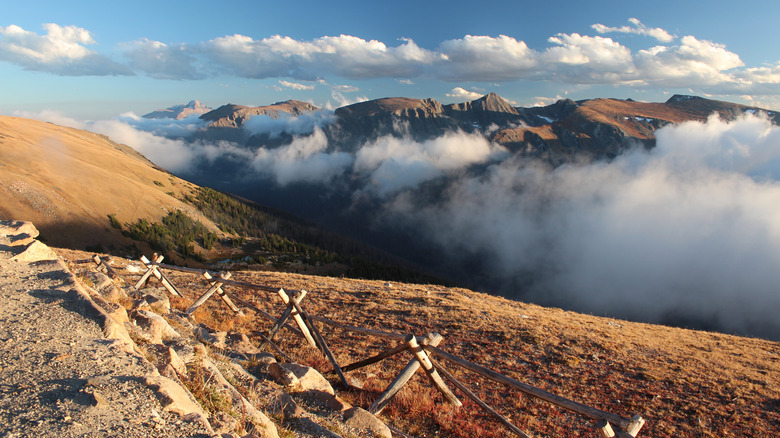 view of mountains and clouds from a lookout along Trail Ridge Road