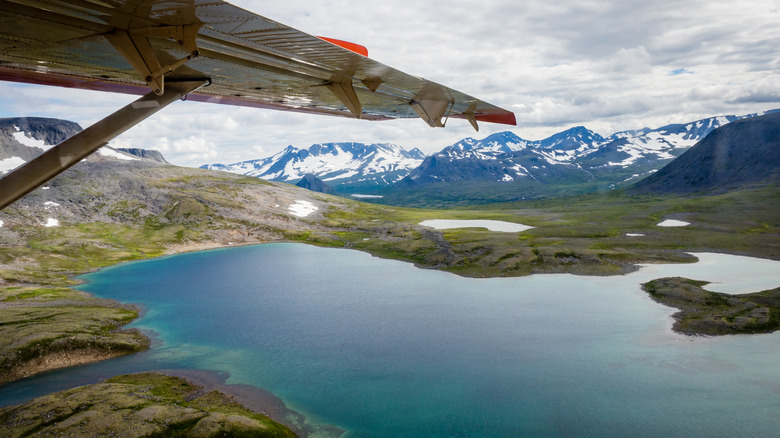 view of lakes and mountains in Alaska's Katmai National Park from a small plane