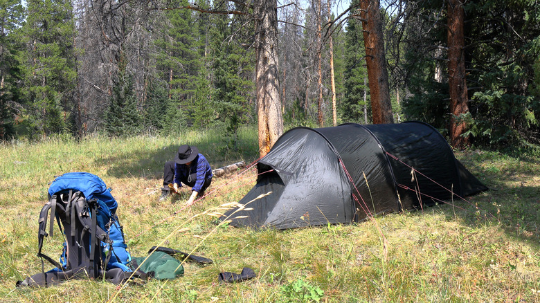 A person with a tent and a backpack in Yellowstone National Park.