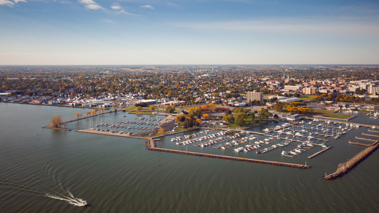 Looking down on Sandusky and its harbor