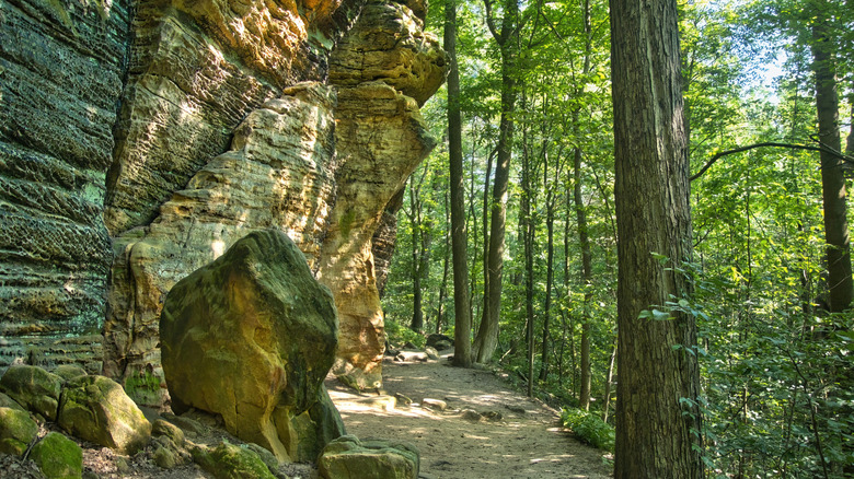 Summer day shot of a hiking trail passing sandstone cliffs at Cuyahoga Valley National Park.