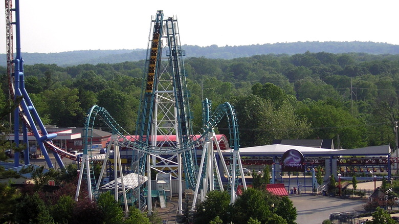 Abandoned rollercoasters surrounded by trees.