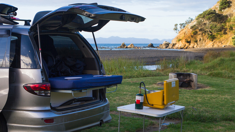 car camping set up at the beach
