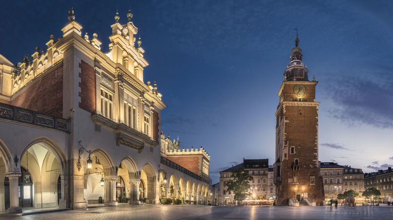 Krakow's Gothic Town Hall and tower at night.