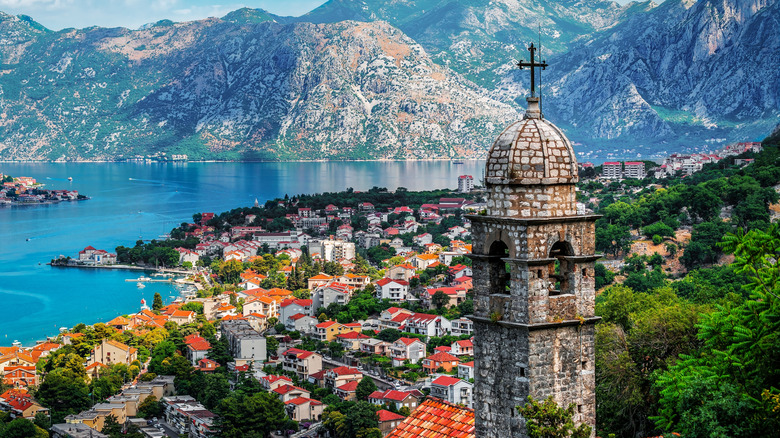Old city of Kotor from above, showcasing mountains, lakes, trees, and buildings.
