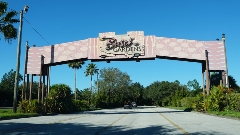 The Busch Gardens Tampa entrance arch over a road