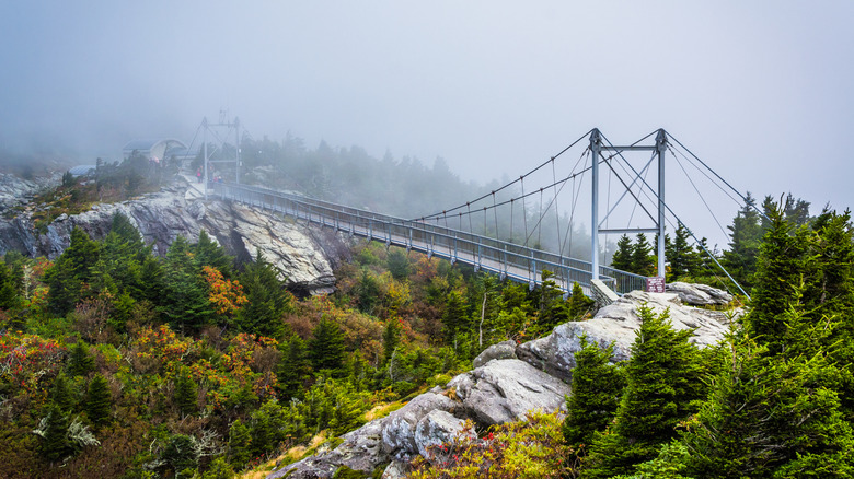 the Mile High Swinging Bridge in fog near Banner Elk in North Carolina