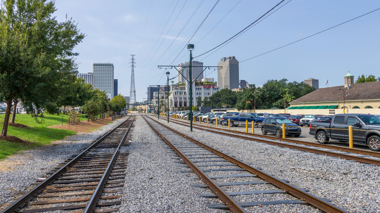 Train tracks lead into downtown New Orleans, Louisiana