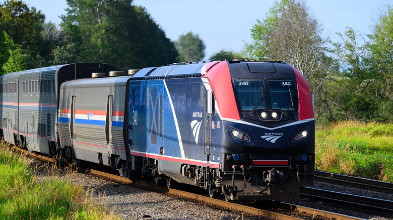 An Amtrak train driving on the west coast
